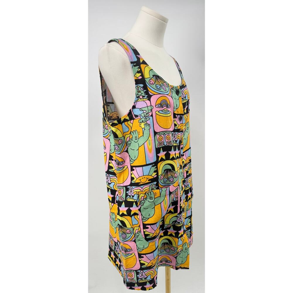 Nooworks Dreyfus 100% Linen Dress Black Rainbow Mushroom Tank Whimsical L - Picture 2 of 11